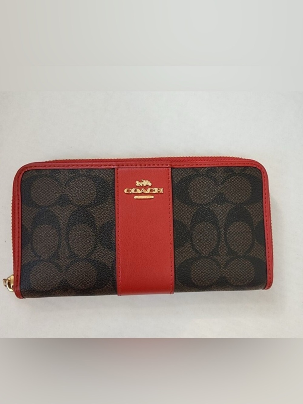Coach Red/Brawn Signature Accordion Zip Around Wallet